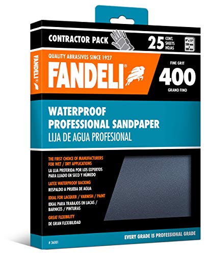 Fandeli | Waterproof Sandpaper | 400 Grit | 25 Sheets 9'' x 11'' | For for Plastic, Lacquer, Varnish, and Pain | Water Resistant - style: 400 Grit
