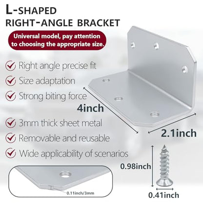4 Pack 4-Inch L Brackets with 24 Screws, 3mm Galvanized Steel Corner Braces