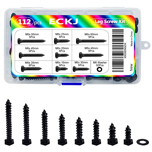 Hex Lag Bolts 112PCS M6 Hex Head Lag Screws Washers Assortment Kit Fully Thread Heavy Duty Hexagon Wood Screw Zinc Plated Black Metric Length Include 16/20/25/30/35/40/45/50/60mm