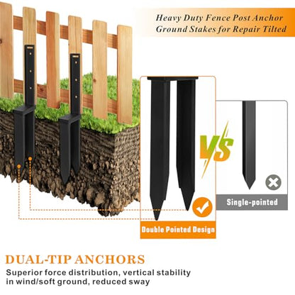 Ertuohg 2PCS Fence Post Repair Kit, Heavy Duty Anchor Ground Spike with Double Pointed Design for Fixing Leaning or Broken 4x4/6x6 Wood Posts, Black - color: 2PCS Black