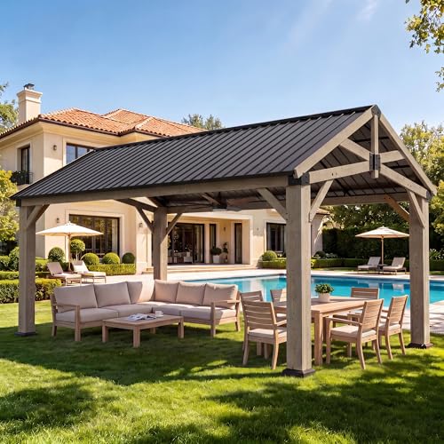 Aoxun 12' x 16' Wood Gazebo with Galvanized Steel Gable Roof, Gray - color: Taupe Gray, size: 12' x 16'