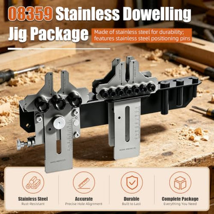 08359 Stainless Steel Dowel Jig Kit, Precision Woodworking Doweling Jig with 90 Degree Angle Bracket, 1/4" 3/8" 1/2" Dowel Hole Drilling Guide Locator for Furniture Cabinet Joinery DIY Wood Projects