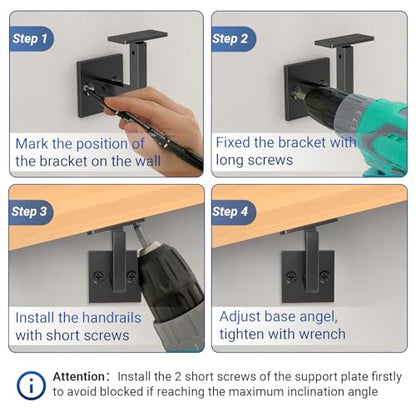 5 Pack 304 Stainless Steel Adjustable Swivel Handrail Bracket for Staircase , Square Stair Railing Bracket - color: Matte Black