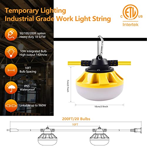 200FT Construction String Lights, Industrial Grade,Free for Climbing Hook - size: 200FT 2 Prong (Yellow)