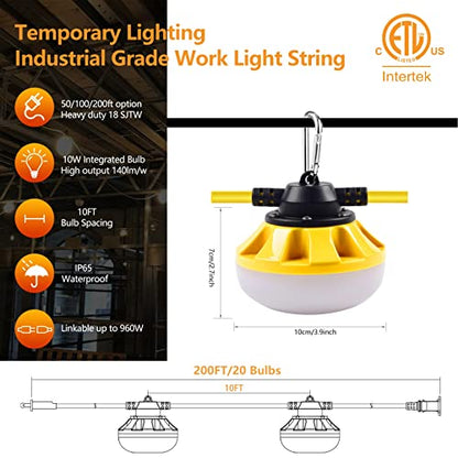 200FT Construction String Lights, Industrial Grade,Free for Climbing Hook - size: 200FT 2 Prong (Yellow)