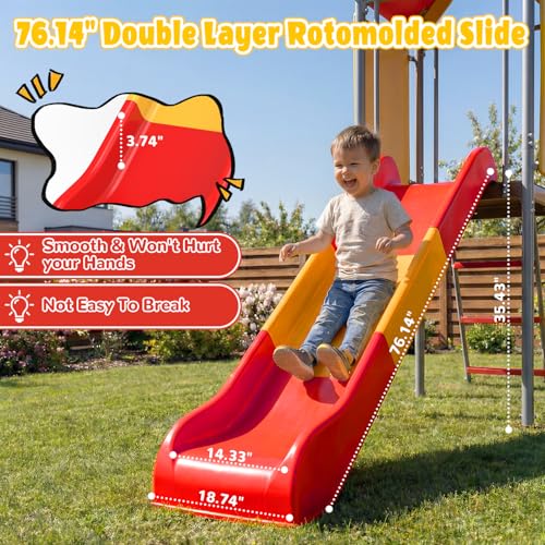 Mersco Playground Sets for Backyards, 440lbs Metal Heavy Duty Sturdy Swing Set with Slide & 2 Swing Seats, Upper Deck with Canopy, Outdoor Swing Sets for Backyard, for Kids
