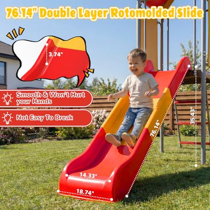 Mersco Playground Sets for Backyards, 440lbs Metal Heavy Duty Sturdy Swing Set with Slide & 2 Swing Seats, Upper Deck with Canopy, Outdoor Swing Sets for Backyard, for Kids