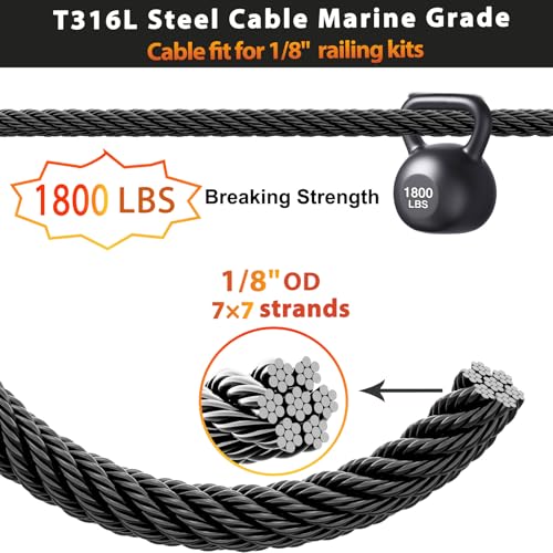 Black Stainless Steel Cable for Railing 800FT, 1/8" T316 Wire Rope BW22 - size: 800FT