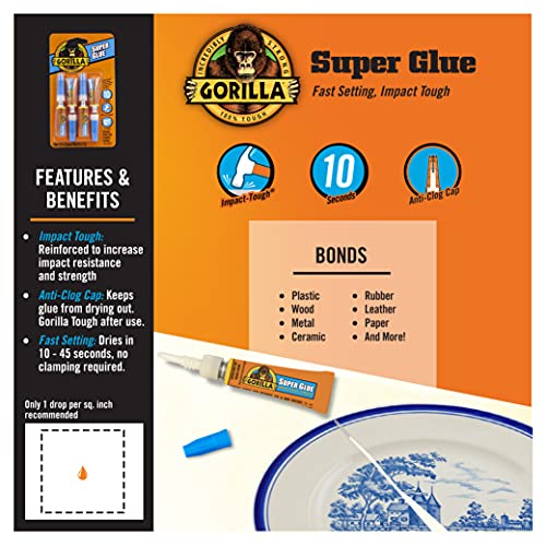 Gorilla Super Glue, Clear Glue, Four 3 Gram Tubes (Pack of 2) - All Purpose and Fast Setting for Projects and Repairs - size: Pack of 2, style: Liquid