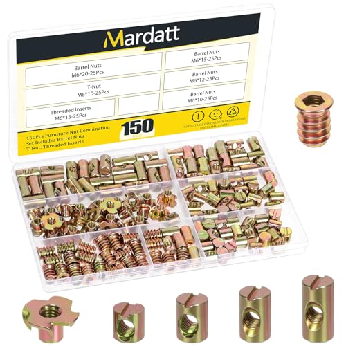 150PCS M6 x 10/12/15/20mm Barrel Nuts, Yellow Zinc-Plated Carbon Steel Cross Dowels Slotted Barrel Nut, M6 x 15mm Threaded Inserts with M6 x 10mm T-Nuts Kit, for Wood Furniture Screw
