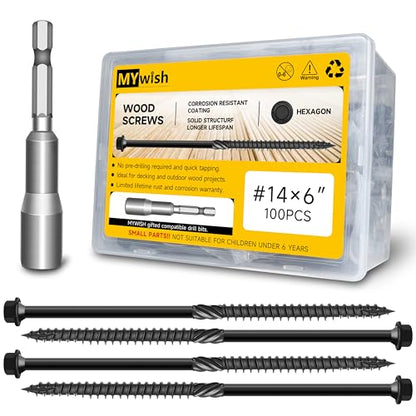 100Pcs 6 Inch Wood Screws, #14 x 6 Heavy Duty Outdoor Wood Screws Assortment Kit Deck Screws, Long Screws Black Timber Screws Lag Bolts, Hex Socket Head Log Landscaping Black Screws By Mywish - size: #14 x 6"