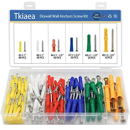 Drywall Anchors and Screws Kit 220Pcs, 110 Plastic Anchors, 110 Wall Screws, Includes 6 Different Size Wall Anchors and Screws for Drywall