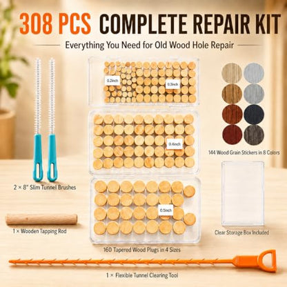 Carpenter Bee Hole Repair Kit, 308 PCS with Tapered Wood Plugs