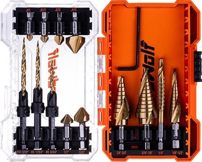 13PCS HSS Titanium Step, Countersink, Saw Drill Bit Set with 1/4" Hex Shank - size: 13 pcs