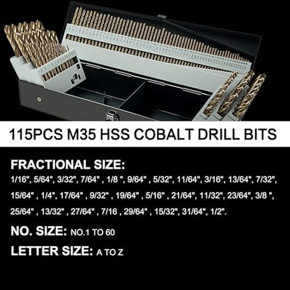 115Pcs Cobalt Drill Bit Set (1/16"-1/2"), M35 HSS, 135 Degree Tip, Twist Jobber Length for Hardened Metal, Stainless Steel, Cast Iron, Wood, and Plastics, with Index Storage Case - style: 115pcs Cobalt Drill