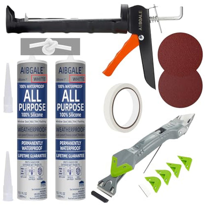Caulking Tool Kit, Caulking Gun, 2 White Silicone Sealant with Gun - All-Purpose 100% Silicone Caulk (20 oz Tube), and 5 in 1 Scraper/Smoothing Tool, Sandpaper, Gloves and Masking Tape - color: 2 White Sealant