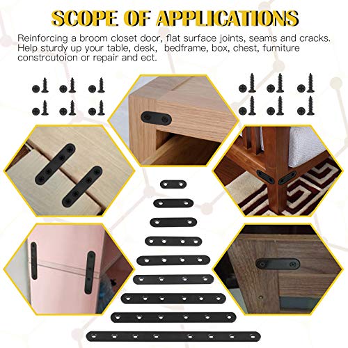 15 Sets 100x17.4mm(3.9x0.68inch) Stainless Steel Black Straight Bracket Mending Plates for Wood Heavy Duty Flat Straight Brace Joining with Mounting Screws
