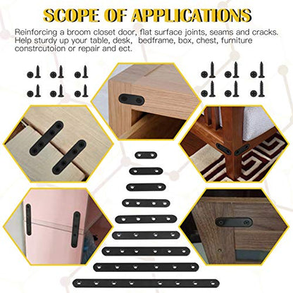 15 Sets 100x17.4mm(3.9x0.68inch) Stainless Steel Black Straight Bracket Mending Plates for Wood Heavy Duty Flat Straight Brace Joining with Mounting Screws