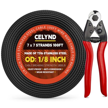 Black Stainless Steel Cable for Railing - 100FT 1/8" T316 Wire Rope - size: 100FT