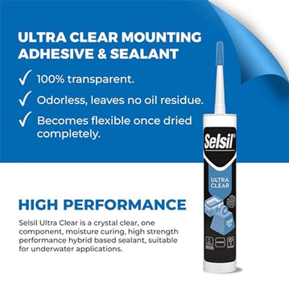 SELSIL Ultra Crystal Clear Mounting Adhesive & Sealant - Indoor & Outdoor Construction Adhesive, 100% Transparent Bonding and Sealing, Waterproof (9.8 fl oz/290 ml)