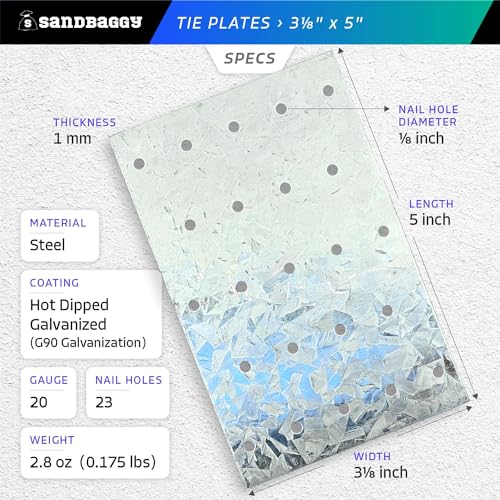 Sandbaggy Tie Plate for Wood (3-1/8" x 5") - Hot Dipped Galvanized Steel - 20 Gauge - 23 Nail Holes (Similar to Simpson Strong-Tie TP35) (3.125" x 5", 50)