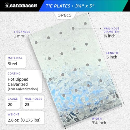 Sandbaggy Tie Plate for Wood (3-1/8" x 5") - Hot Dipped Galvanized Steel - 20 Gauge - 23 Nail Holes (Similar to Simpson Strong-Tie TP35) (3.125" x 5", 50)