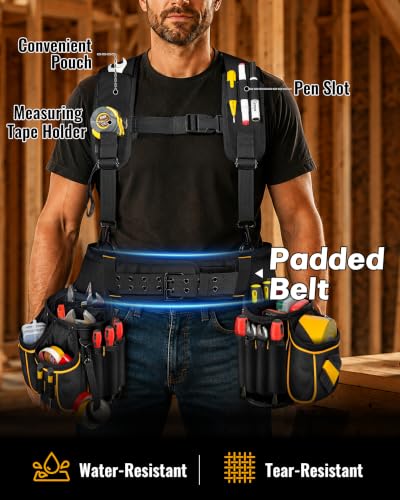 Marscamd Tool Belt with Suspenders & Pouches, Heavy Duty Work Belt, Black - color: Black