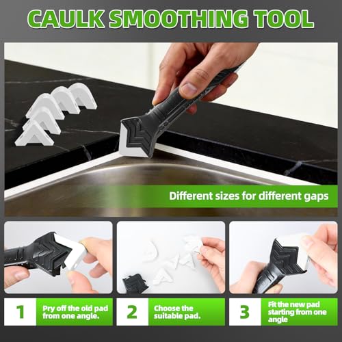 5 in 1 Silicone Caulking Tool Kit, Caulk Remover Tool with Stainless Steel Head,Caulk Finishing Tool with Different Angles,Grout Removal Tool for Kitchen Sink Washroom Bathroom Toilet Caulking (White) - color: White