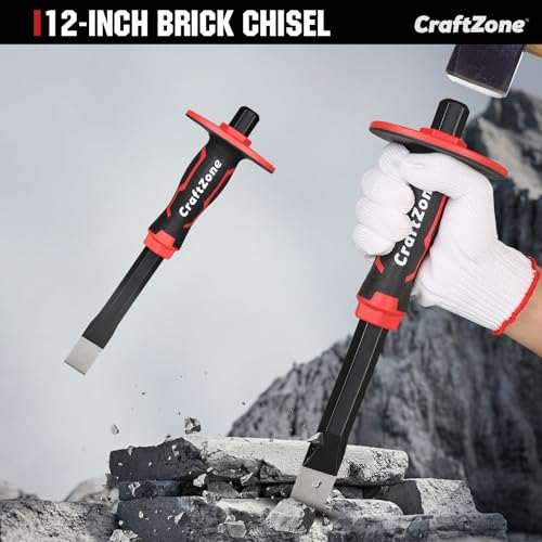 Masonry Chisel, Heavy Duty Flat End Rock Concrete Mortar Stone Brick Chisel with Protective Hand Guard for Breaking Carving Splitting Cutting Mason Tools (12-Inch) - size: 12in