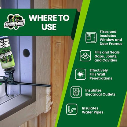 Sprayman Window & Door Expanding Spray Foam - (1x24oz) Low Expansion Polyurethane Spray Foam for Doors, Windows & Walls, Gun Use & Reuseable, Gun&Cleaner Included - 1 Pack - size: 1 Pack, style: Set