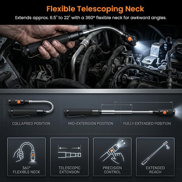 2026 Upgraded LED Telescoping Magnetic Pickup Tool with Flashlight, Flexible Neck Magnetic Grabber with 3 Bright LEDs, Extendable Pickup Stick for Screws Nuts Bolts Automotive DIY Repair
