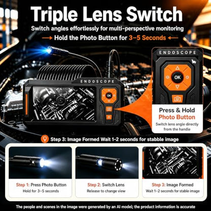 Triple Lens Borescope, 5" IPS Screen, 1080P Photo & Video, 16.4FT Cable - size: 5''Triple Lens 16.4FT