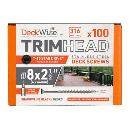 DeckWise #8x2-1/2 Black 316 SS Trim-Head Deck Screws, 50 Sq Ft (100pk) - size: 2.5"