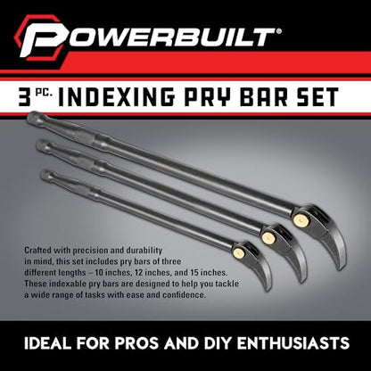 Powerbuilt 3 Piece Indexing Pry Bar Set, 10, 12, 15 Inch, Automotive, Construction, Woodworking - 643055ECE