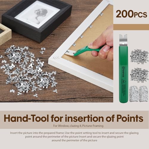 Glazier Point Driver Tool with 200 Glazing Points & 2 Finger Cots - for Framing Glass, Pictures, Cross Stitch - Rust-Resistant Iron/Zinc Push Points, Easy-Grip Handle - color: Green