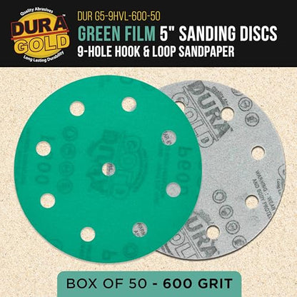 Dura-Gold 600 Grit 5" Green Film Sanding Discs, 9-Hole Pattern, Box of 50 - style: 600 Grit
