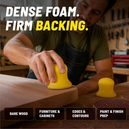 Core Series 3 Inch Hand Sanding Block, Bell-Shape Hand Sander, Firm Yellow Foam, Hook & Loop, Fits Standard 3 in Discs, for Auto Body, Wood, Block Sanding, Made in USA, 2-Pack (PN 03400)