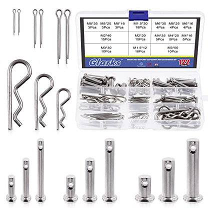 Glarks 122Pcs 4 Styles Clevis Pin/Cotter Pin/Hair Pin/Dowel Pin Assortment Set, 15 Size 304 Stainless Steel Pin Fasteners for Automotive, Mechanics, Cars, Trucks, Lawn Mower Use