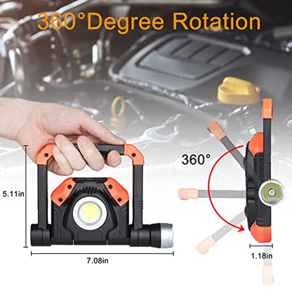 2500 Lumen LED Work Light Rechargeable, Folding Portable Flood Light with Magnetic Base and 360° Rotation Stand, Waterproof, for Camping/Car Repairing/Emergency/Job Site Lighting