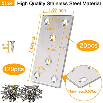 20 Pcs Silver Flat Bracket 4 x 2 Inch Stainless Steel Wood Joining Plates Mending Plate Flat Bracket with Screws, Steel Metal Straight Brace for Wood Furniture Cabinet Shelves - size: 100MM-Silver
