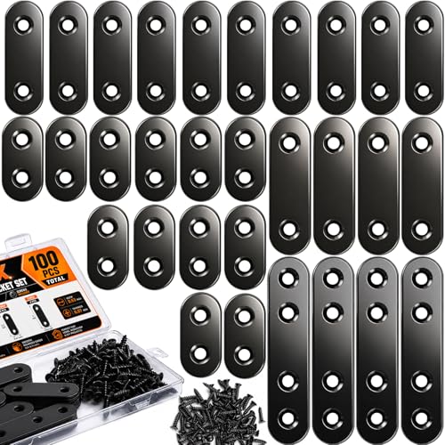 100PCS Stainless Steel Mending Plate,Heavy Duty Straight Metal Mending Plates, 4 Sizes (1.4”-2.7”) Flat Brackets for Wood Repair, Furniture, Joining, DIY Projects - size: 100PCS 4 Sizes plate Brackets-Black