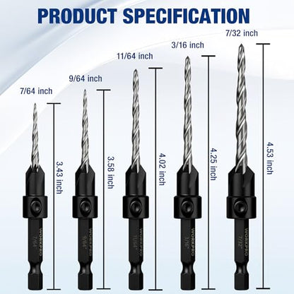WORKPRO 5PCS Countersink Drill Bit Set, Adjustable 4-Flute Bits