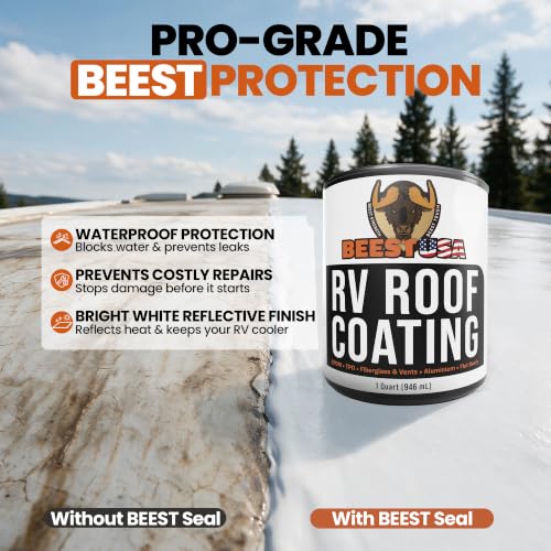 BEEST RV Roof Coating White, 32 Oz Covers up to 12.5 sq ft (2 Coats), Solar Reflective & Waterproof Sealant| Elastomeric Leak Repair Coating, Liquid Rubber RV Roof Sealant for Trailers, Camper & More - style: 32oz - Coating