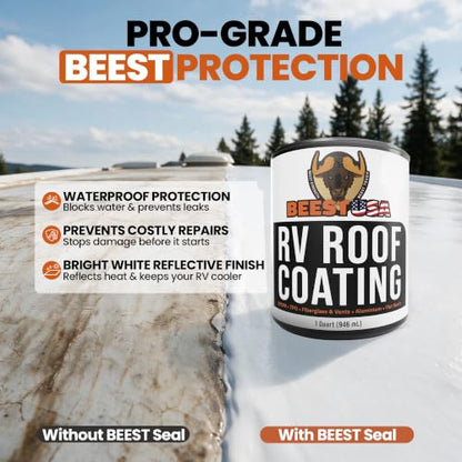 BEEST RV Roof Coating White, 32 Oz Covers up to 12.5 sq ft (2 Coats), Solar Reflective & Waterproof Sealant| Elastomeric Leak Repair Coating, Liquid Rubber RV Roof Sealant for Trailers, Camper & More - style: 32oz - Coating