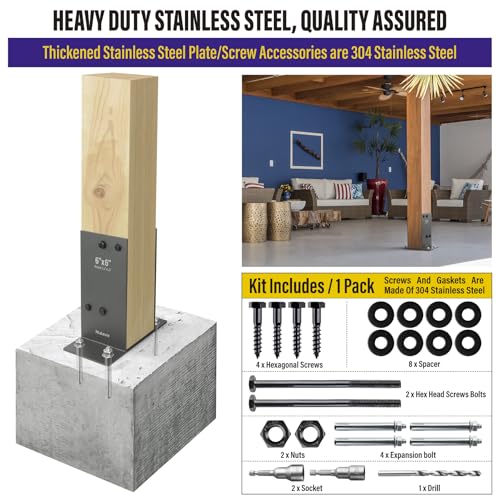 Hulave 1Pack Stainless Steel 6 x 6 (Actual: 5.5" x 5.5") Post Base, Suitable for Terrace Railing, Fence, Gazebo, Porch, etc Concrete Support Anchor Base Post Anchor Bracket (Dark Gray) - size: 6"x6" (Actual 5.5"x5.5")