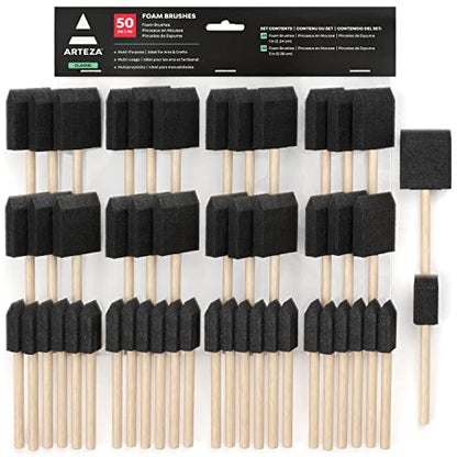 ARTEZA Foam Paint Brushes for Crafts, 50 Pack, 1 and 2 in Sizes, 25 Each