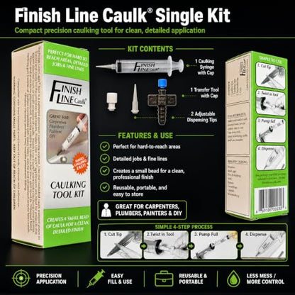 Precision Caulking Tool Kit – Syringe-Style Applicator with Small Replaceable Tips – Fine Detail Caulking, Small Cracks, Trim, and DIY Projects – Includes Filling System