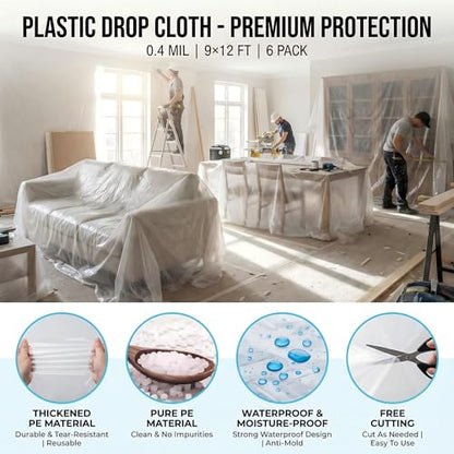 6 Pack 12 x 9 Ft Plastic Drop Cloth for Painting，Clear Waterproof Plastic Sheeting,Painters Drop Cloths for Floor Protection, Furniture Cover, Painting, Home Renovation