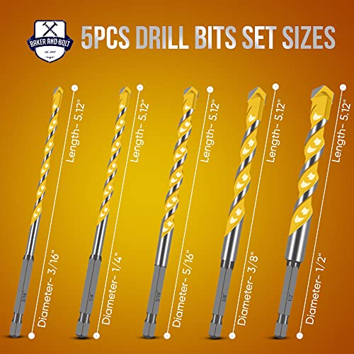 Baker and Bolt Extra 5 Pcs 5.12" Masonry Drill Bit Set for Concrete High-Speed Steel Drill Bits Set with Storage Sleeve (3/16"-1/2") - style: 5 Pcs Concrete 5" Long 3/16"-1/2"