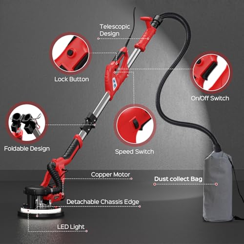 Drywall Sander, 2026 Upgraded 8-Amp Popcorn Ceiling Removal Tool - color: Red & Black